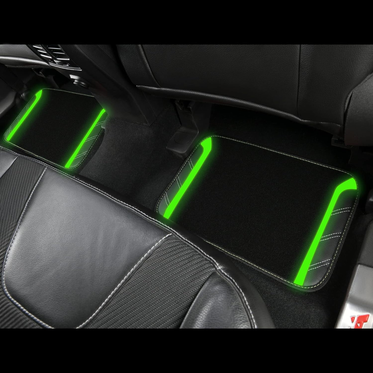 CAR GRAND Leather Steering Wheel Cover and Waterproof Car Floor Mats,Microfiber Universal Car Combo Fit for Sedan,SUV,Cars,14.5-15inch Sporty Anti-Slip Comfortable Design(Black＆Fluorescence Green)