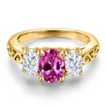 thumbnail image 3 of Gem Stone King 18K Yellow Gold Plated Silver Pink Created Sapphire and White Moissanite Filigree Style 3 Stone Ring for Women (2.65 Cttw, Oval 8X6MM and 6X4MM) (Size 6), 3 of 6