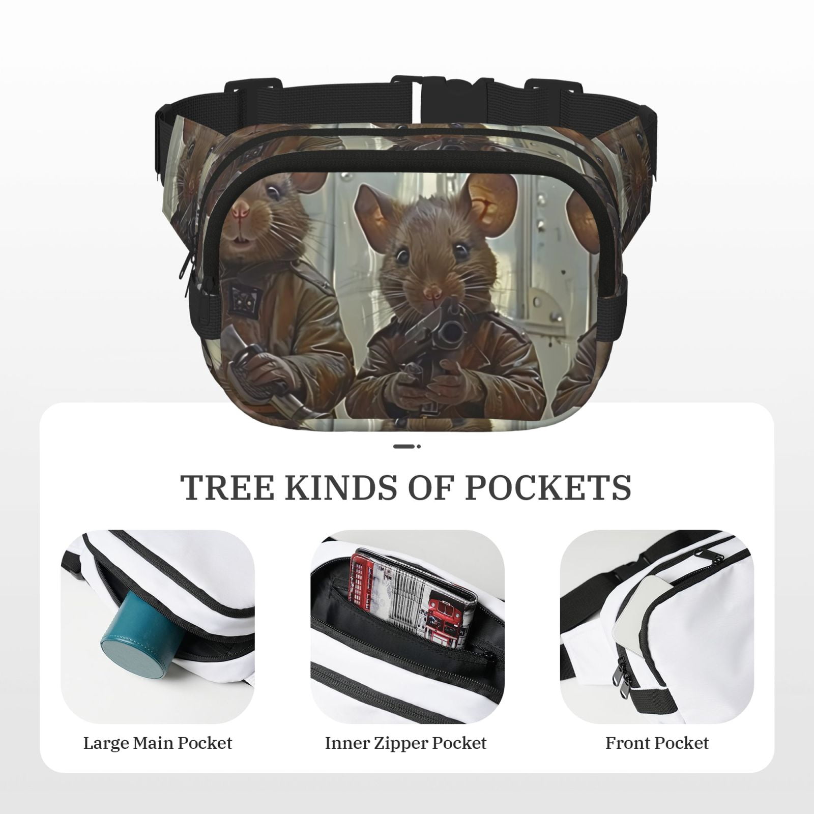 Picia Steampunk Space Mice Warriors Print Square Double-Layer Waist Bag Mini Adjustable Waist Belt Bag Exercise Running Travel Hiking