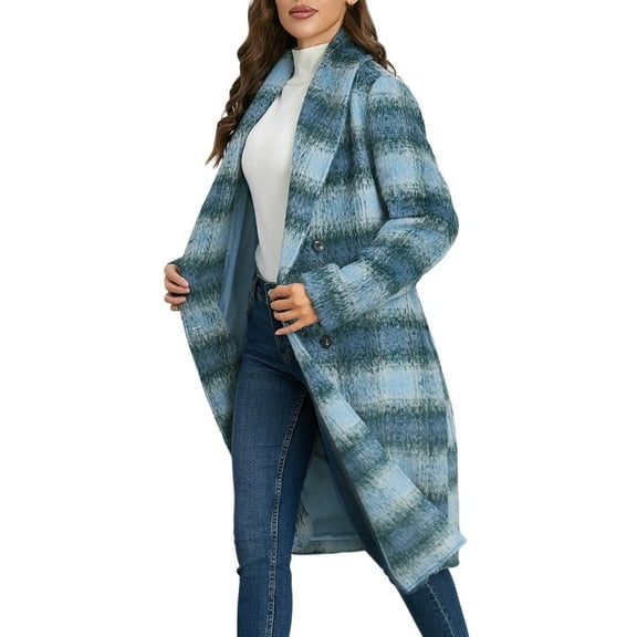 WTOBBY Women's Medium Long Plaid Woolen Double Breasted V-neck Jacket, Classic Tweed Coat for Fall, with Front Pockets and Elegant Office and Daily Style,Blue L