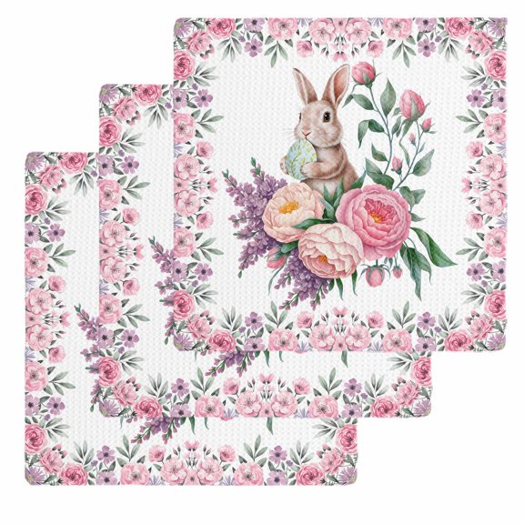 Easter Bunny Roses Kitchen Dish Towels for Drying Dishes Set of 3, Pink Floral Spring Botanical Waffle Weave Microfiber Hand Tea Bathroom Towels Quick Dry & Absorbent Towel 12x12