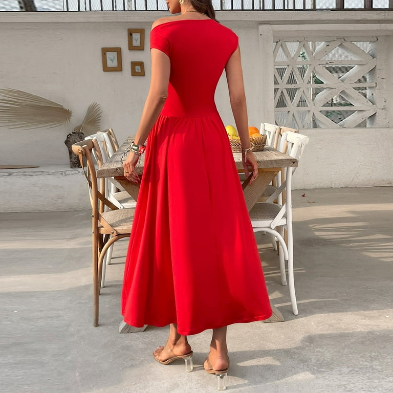 Summer Wedding Red Midi Wedding Guest Dress UOCEFIK Womens Summer Off  Shoulder Sleeveless Midi Dress Cocktail