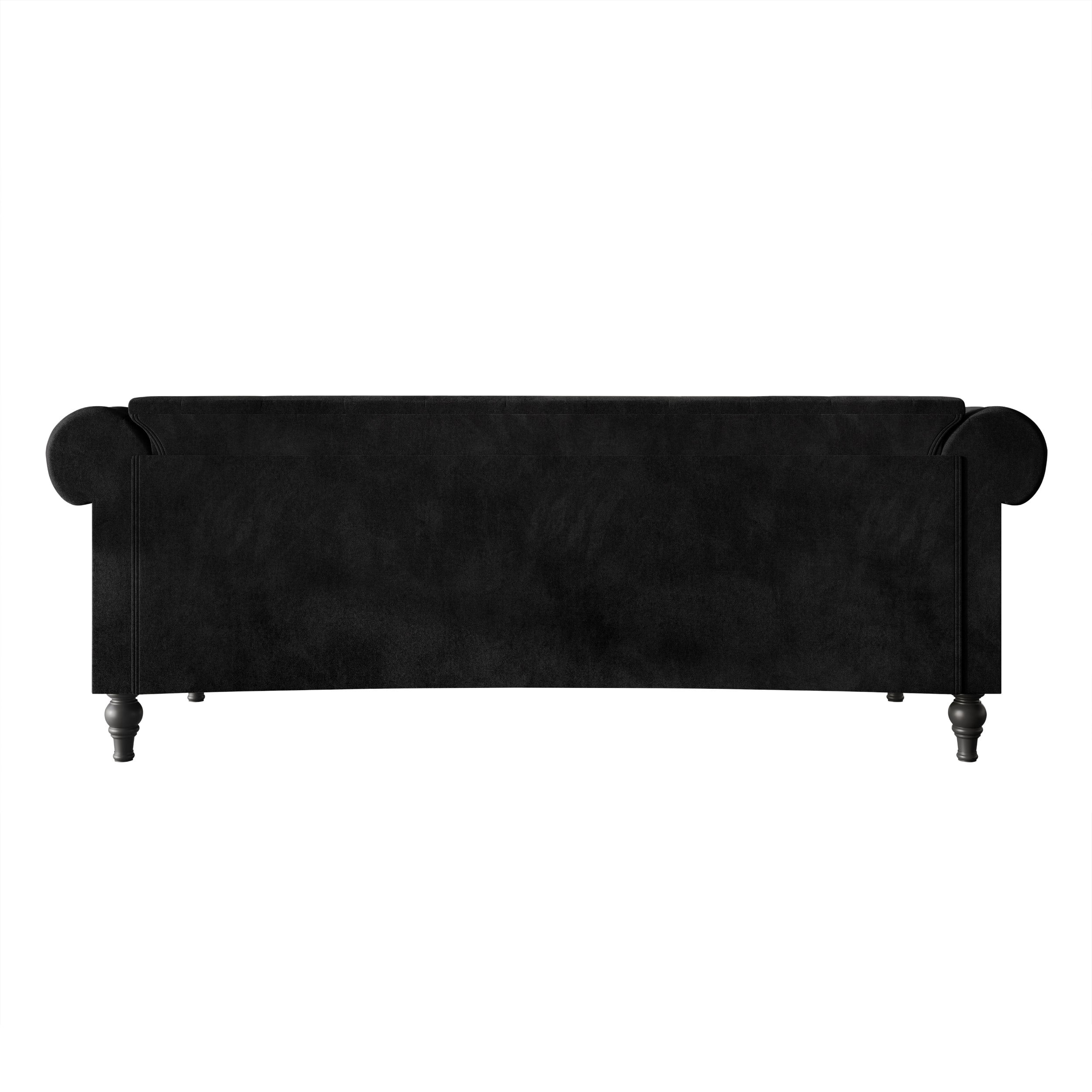 Home Design Kelso Velvet Rolled Arm Sofa with Deep Button Tufting, Nailhead Trim and Turned Legs, Black