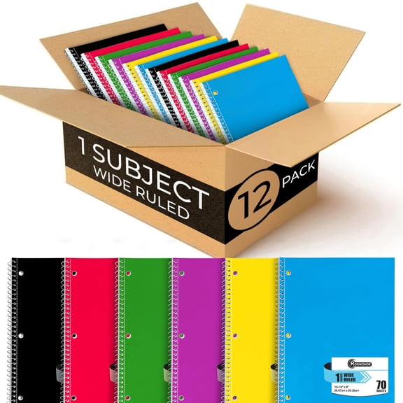 Rosmonde Spiral Notebooks 12 Pack, 1 Subject, Wide Ruled, 70 Sheets, 8 x 10.5 in, 3 Hole Punched, Bulk Single Subject Notebooks, Assorted Colors for School & Office Supplies
