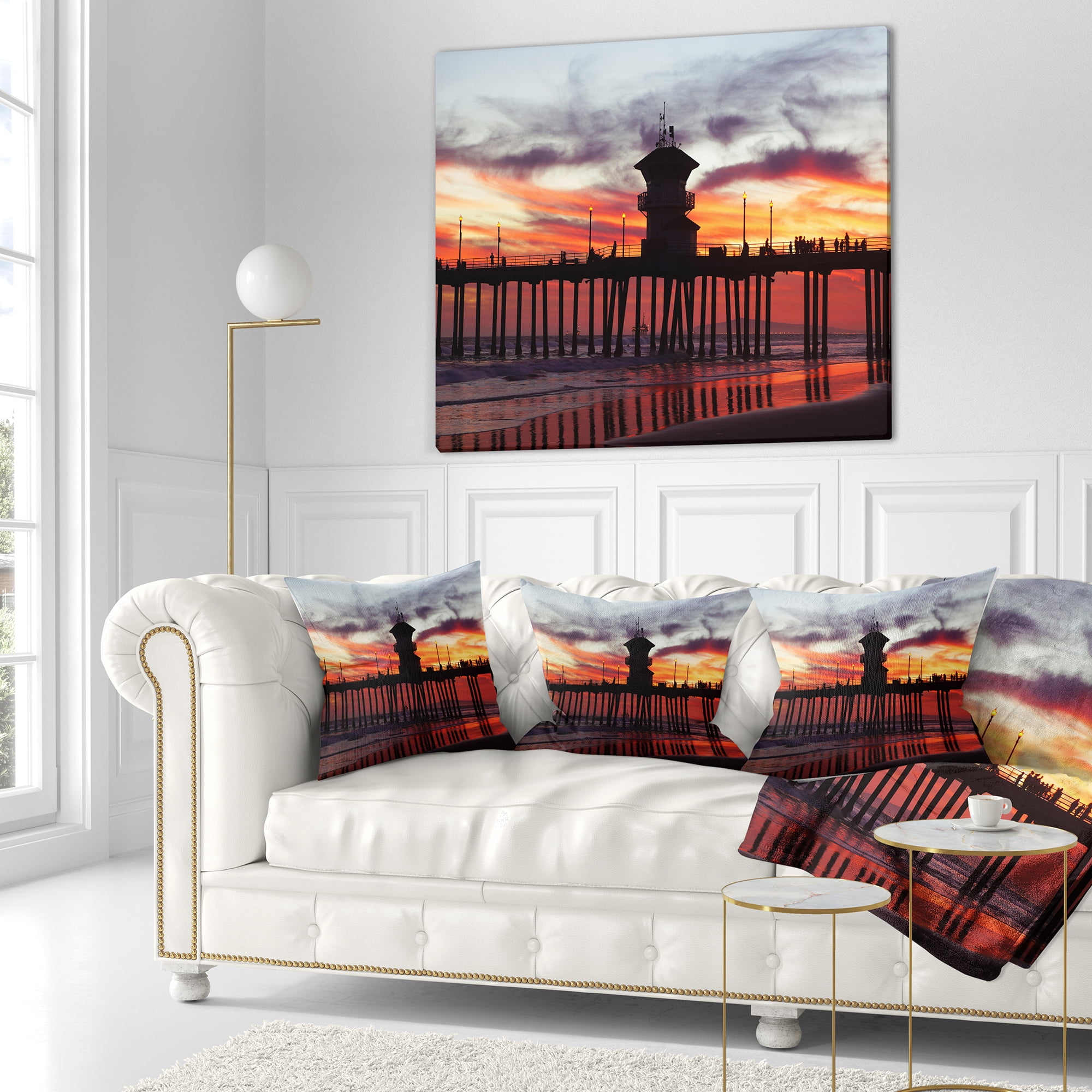 Designart Pier California at Sunset with Clouds - Seashore Throw Pillow - 16x16