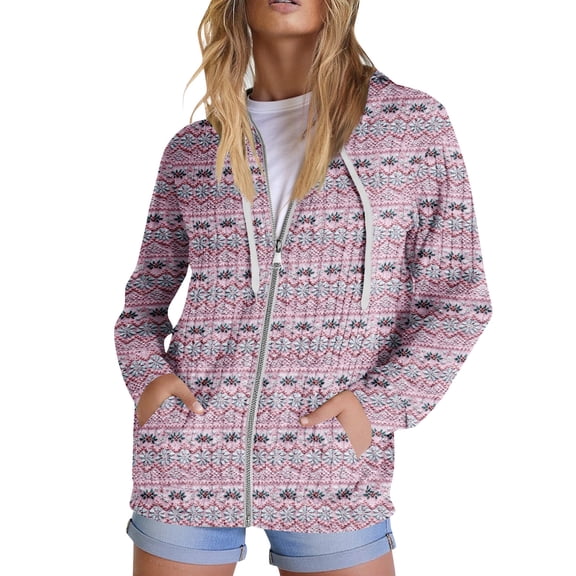 Hoodies for Women, Trendy Tops with Christmas Print, Long Sleeve Sweatshirt with Pockets, Pullover Lightweight for Casual Fall Fashion,Pink,XL