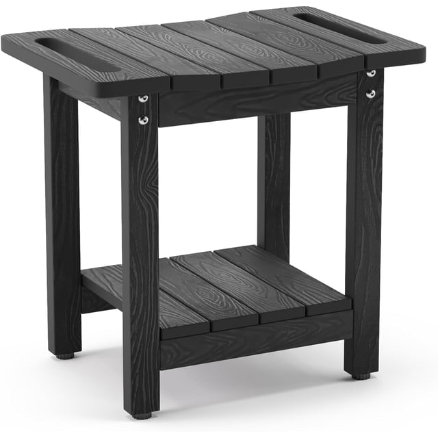 HDPS Shower Chair for Inside Shower, Shower Stool with Towel Rack & Storage Shelf - Waterproof, Non-Slip, Handles - Indoor/Outdoor Shower Bench, Black