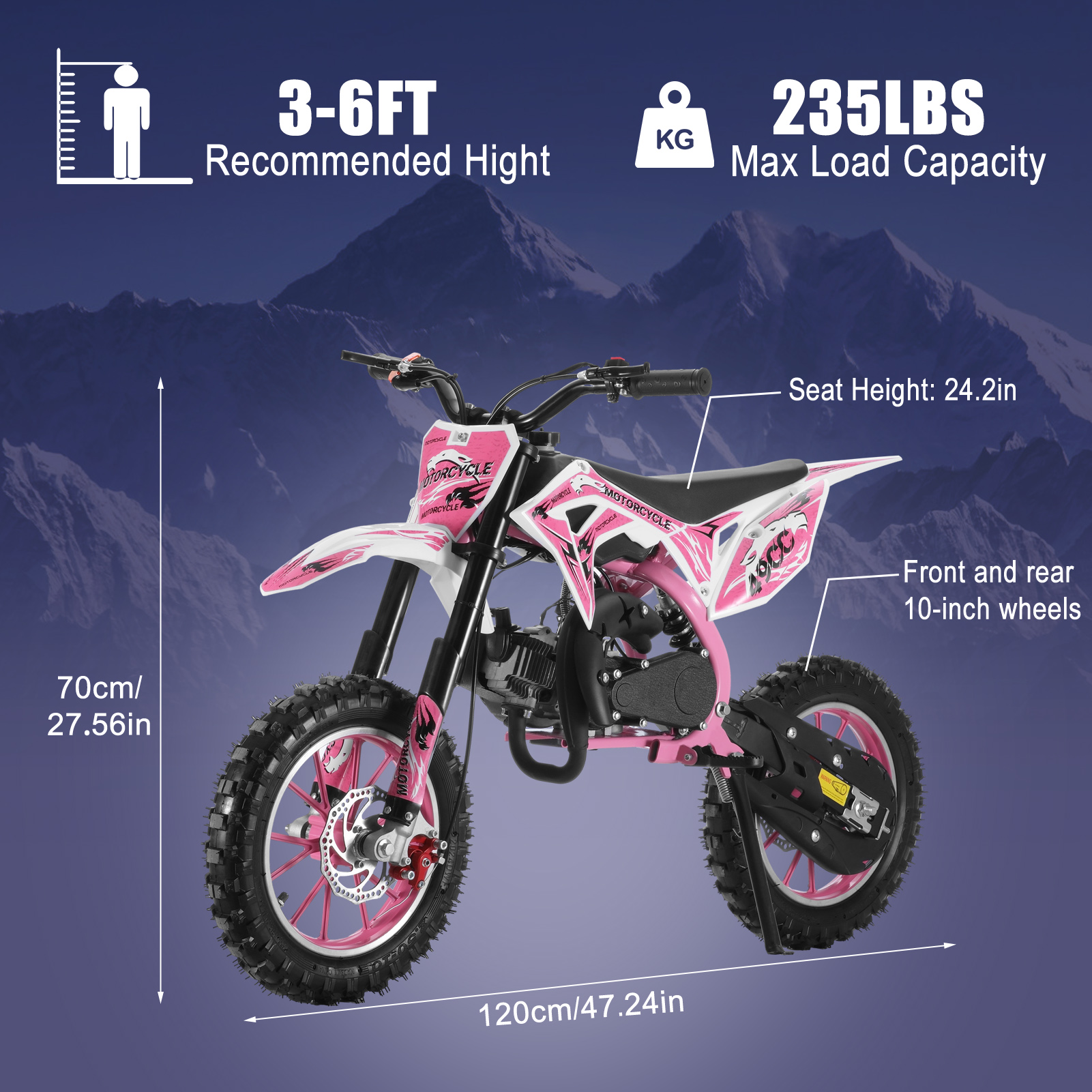 Mohsoe Enhanced 49CC 2-Stroke Dirt Bike, 25MPH Motor, Larger Fuel Tank & Upgraded Frame for Better Stability