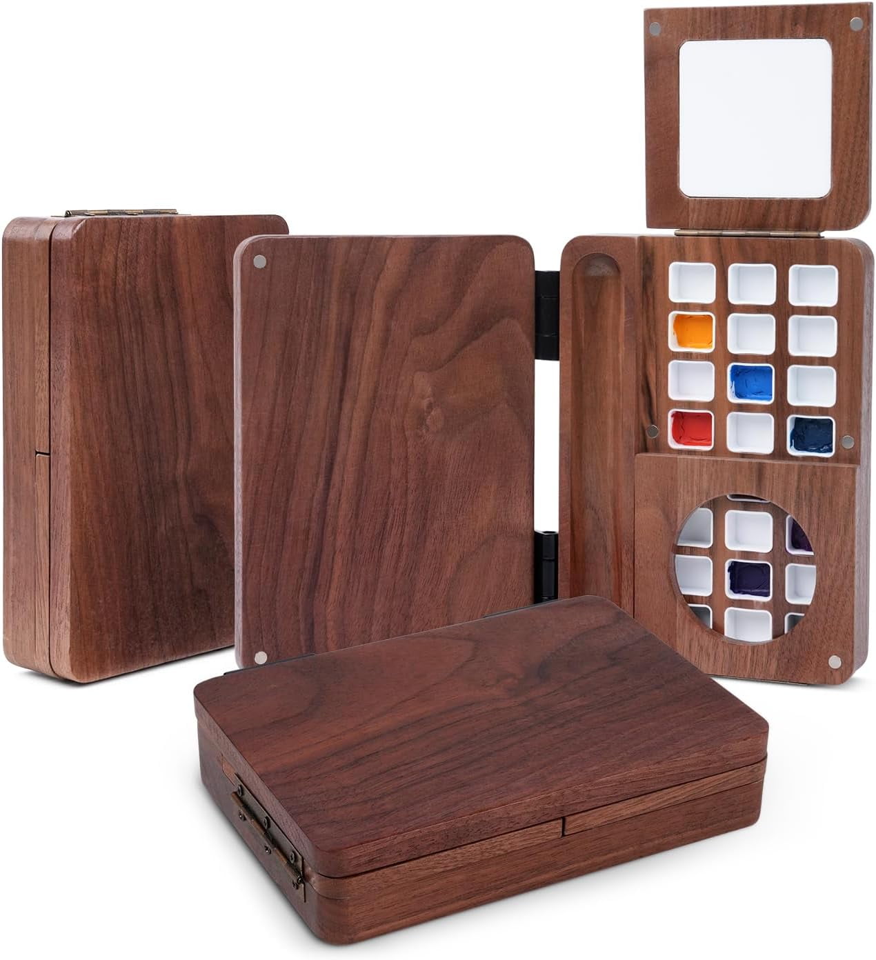 Portable Watercolor Palette, Travel Watercolor Palette 24 Grids Foldable with 2pcs Sable Travel Watercolor Brushes, Portable Walnut Wood Palette Box for Plein Air Painting