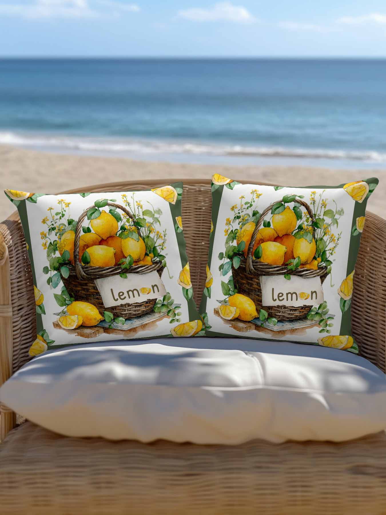 1 Pack Outdoor Pillows Waterproof, Lemon Basket Summer Indoor/Outdoor Throw Pillows with Inserts, Farmhouse Green Lace Eucalyptus Decorative Pillow for Patio Furniture Chairs Couch