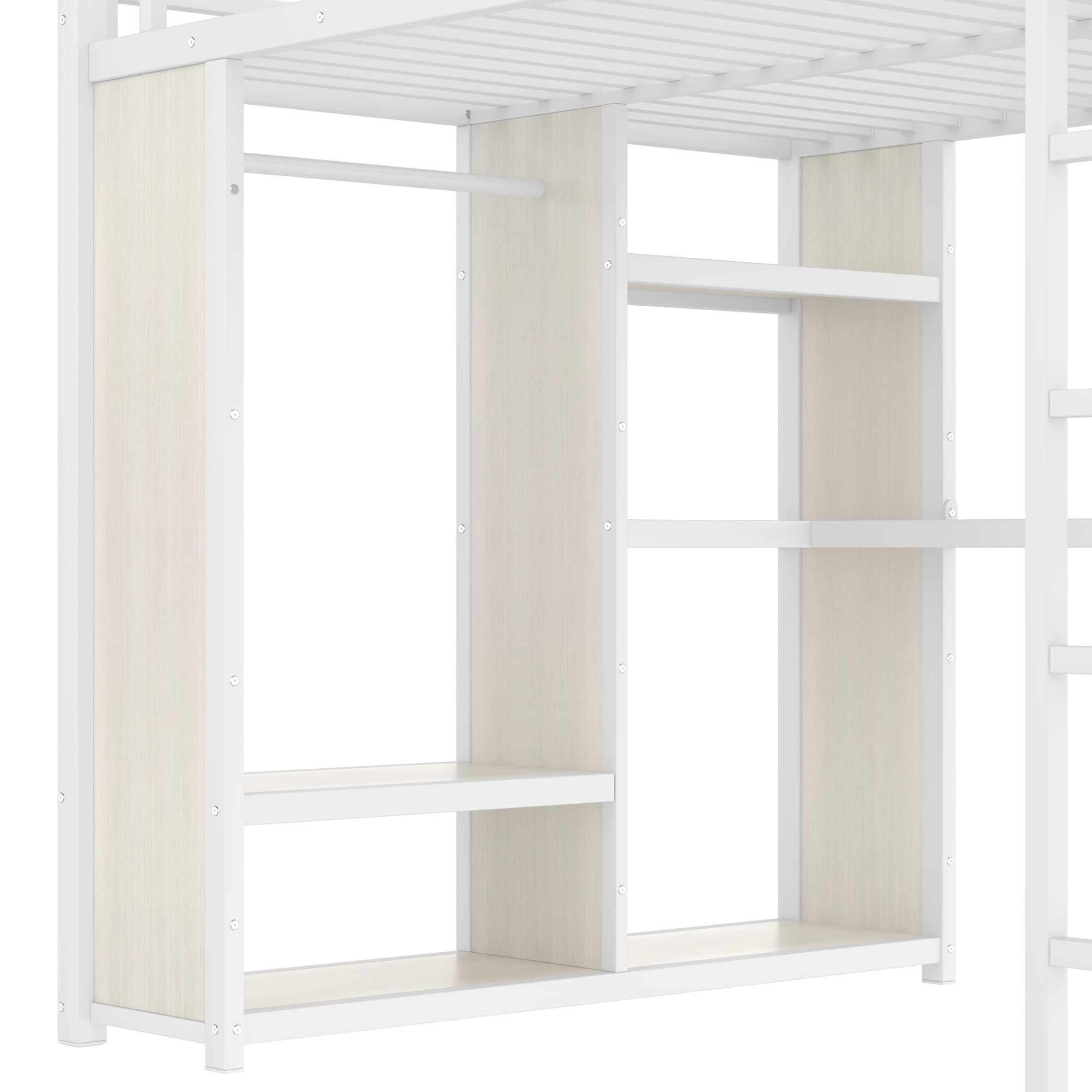 Leumius Full Size Metal Loft Bed with Built-in Wardrobe,Heavy Duty Loft Bed Frame with Desk and Storage Shelves,Space-Saving,White