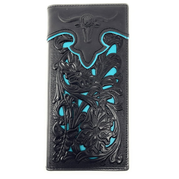 Western Mens Leather Longhorn Floral Tooled Laser Cut Lone Star Long Wallet