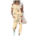 thumbnail image 1 of Blouses pour Femmes, Ensemble Haut à Manches Courtes Imprimé à Col Rond avec Cordon de Serrage et Pantalon, 1 of 5