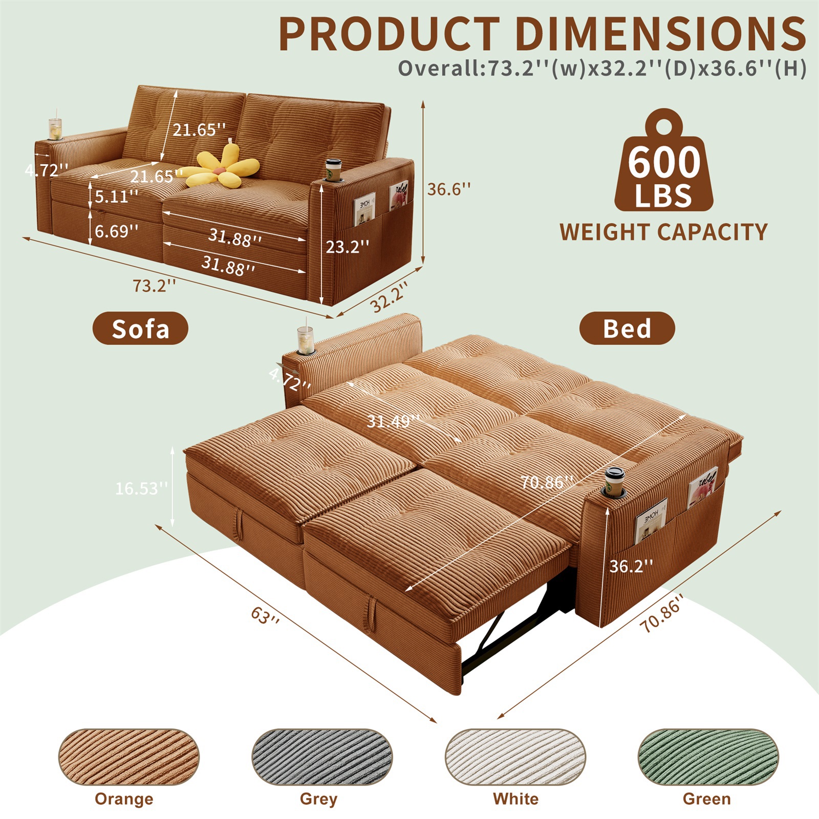 Hommoo 70" Convertible 2-in-1 Pull Out Couch Bed, Multi-Functional Corduroy Loveseat Sleeper Sofa Bed, Orange