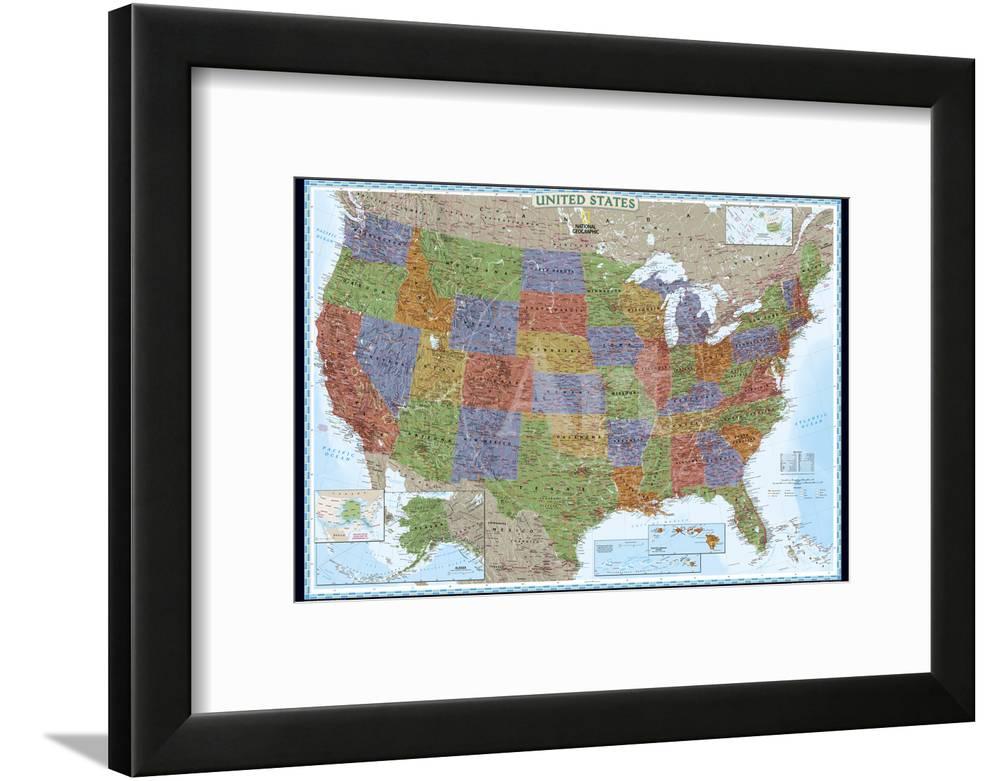 United States Political Map Decorator Style Framed Art Print Wall Art