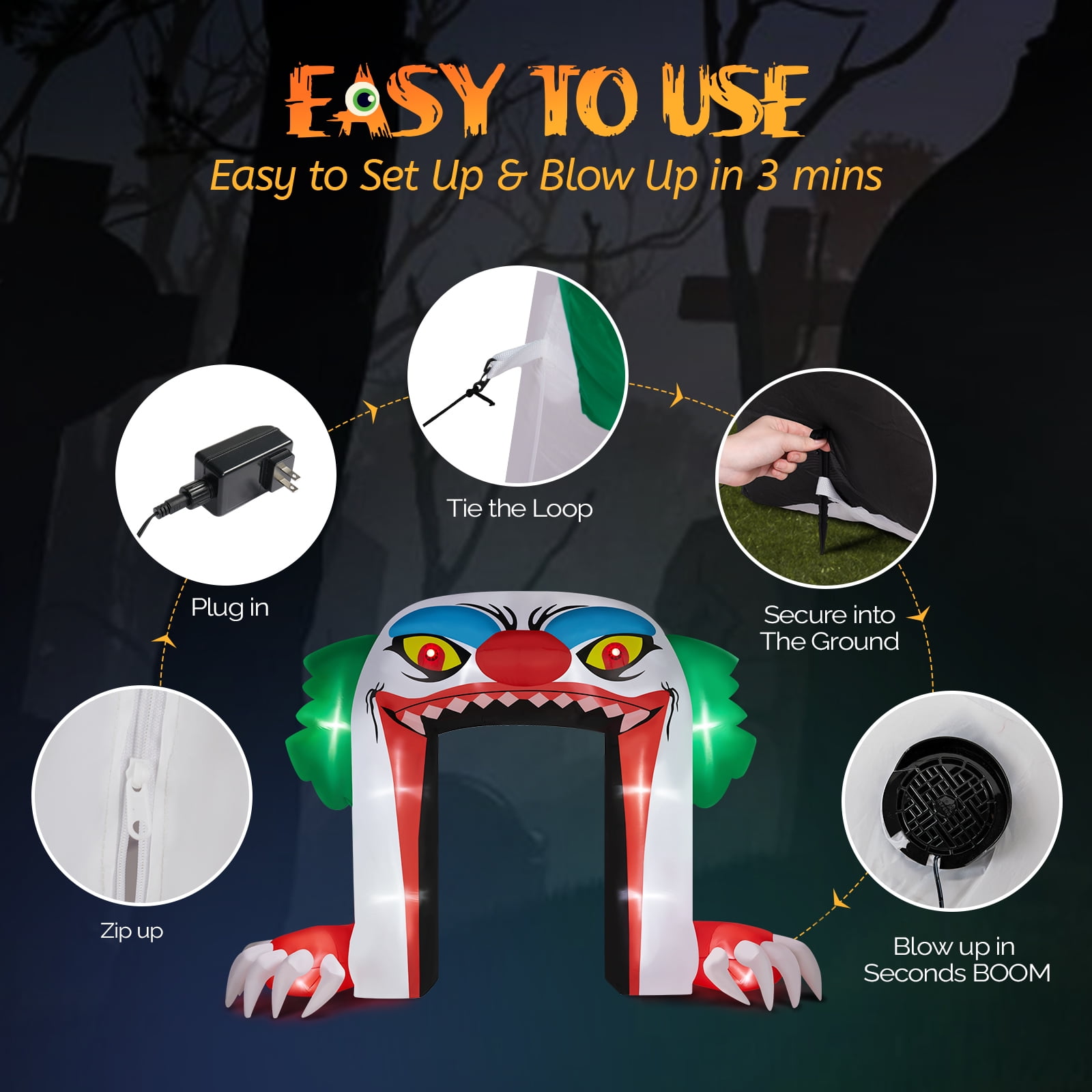 8.9 FT Halloween Inflatable Clown Archway with LED Lights, Giant Spooky Clown Decoration Quick-Inflate Includes Stakes Ropes for Holiday Party Front Yard Lawn Garden Decor