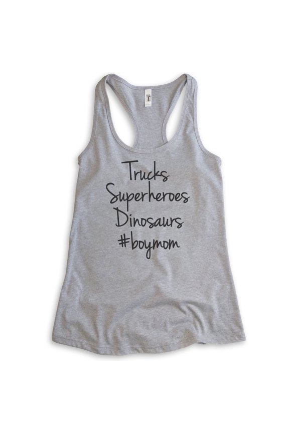 Trucks, Superheroes, Dinosaurs Tank Top, Ladies Racerback Tank Top, Mom Tank, Mama Tank, Mother Tank, Heather Gray, Medium