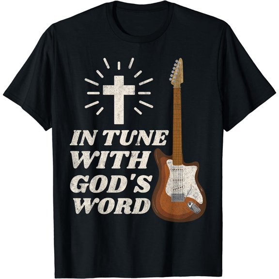 Christian Guitar, In Tune With Gods Word, Christian Worship T-Shirt Black Small
