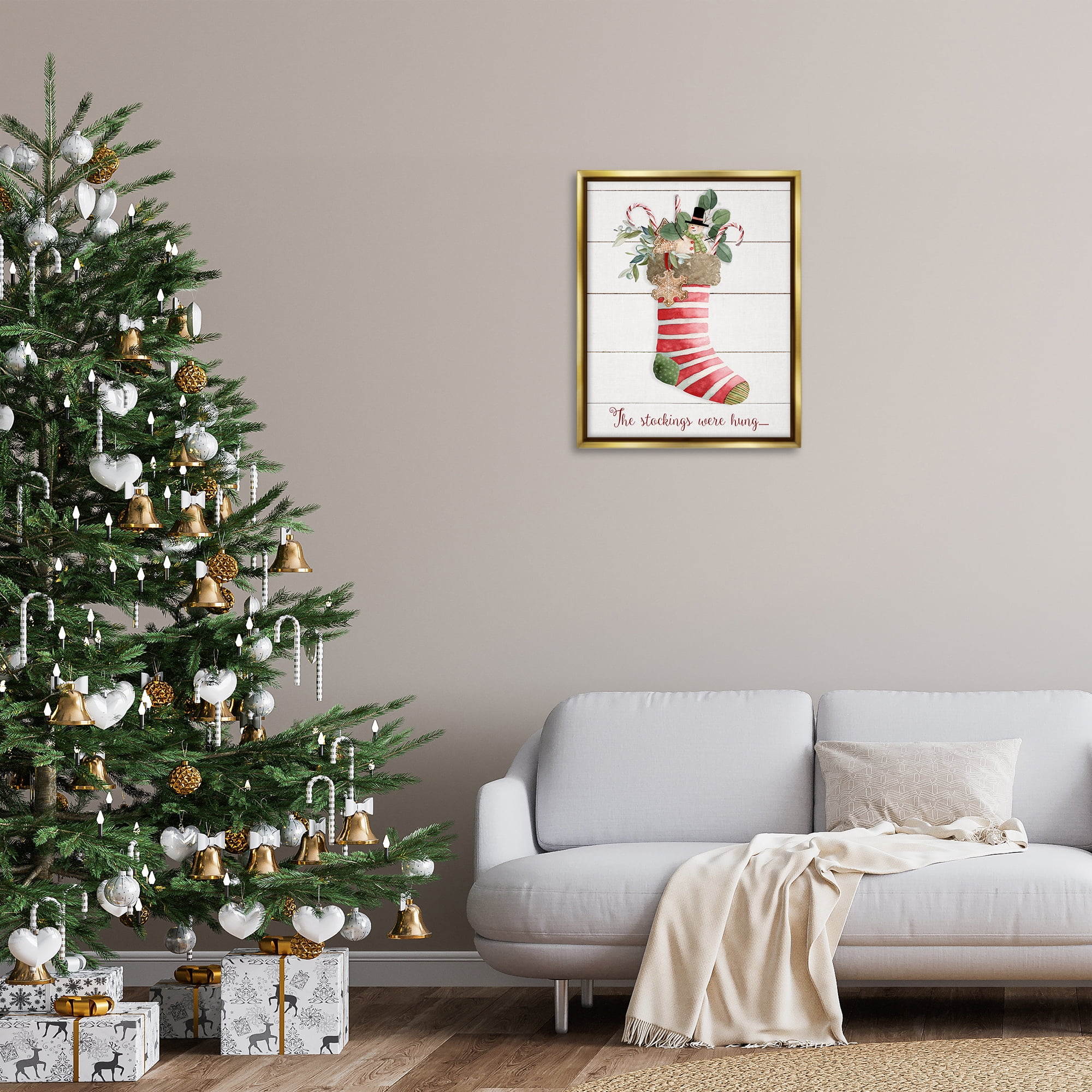 Stupell Industries Striped Christmas Stocking Holiday Painting Gold Floater Framed Canvas Art Prints Wall Art, 25 x 31