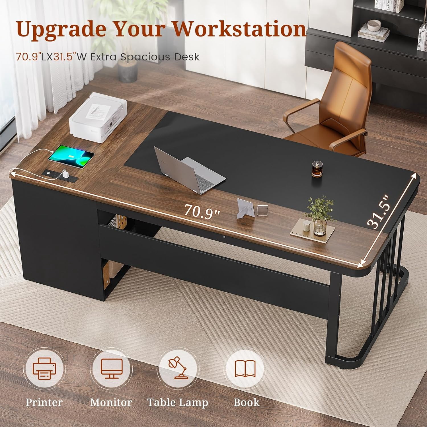 71" Large Executive Desk with Changing Stations, Modern Computer Desk with Drawers & File Cabinet, Home Office Workstation with Adjustable Shelves, Walnut