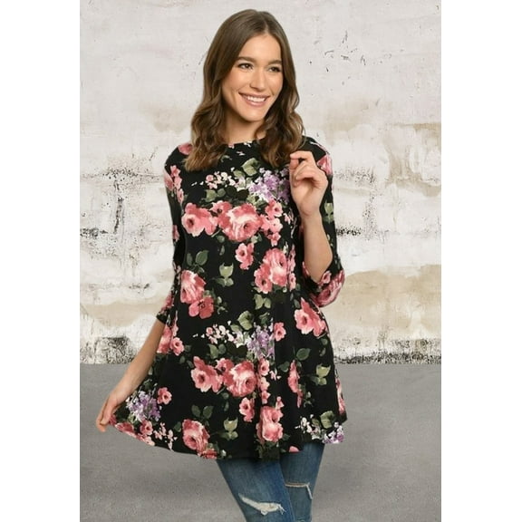 Black 3/4 sleeve round neck floral print tunic top