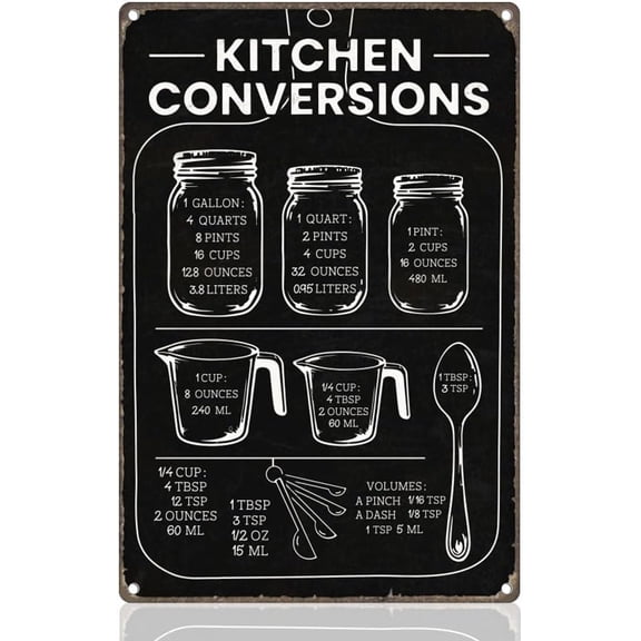 Kitchen Conversion Chart Tin Sign Retro Metal Wall Decor 8" x 12" Vintage Baking Cooking Gadgets Wall Art Poster for Home Cafes Kitchen Restaurant Room Bar Outdoor Man Cave Decor Gift