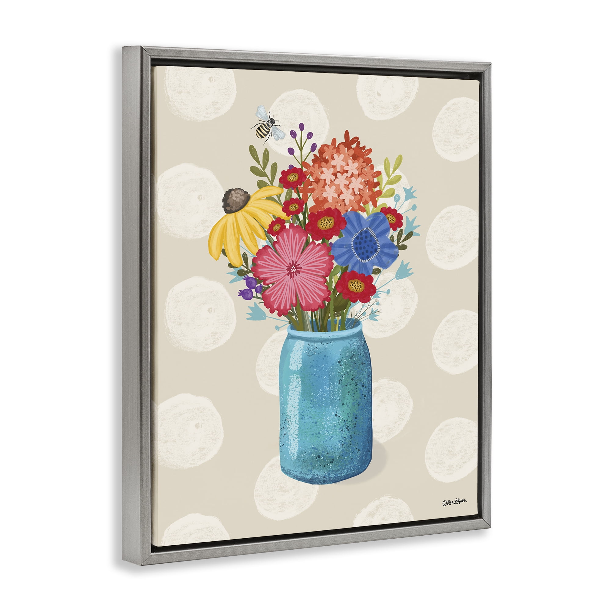 Stupell Industries Polka Dot Flower Vase Plants & Flowers Painting Gray Floater Framed Canvas Art Print Wall Art, 17 x 21