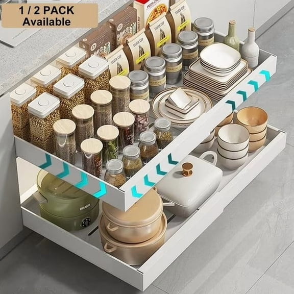 PHANCIR 2 Pack Pull out Cabinet Organizer with 3 Sliding Rails, 12.6-20.5in Expandable Heavy Duty Slide out Drawers for Kitchen, Pantry, Bathroom, Not Suitable for Framed Cabinets