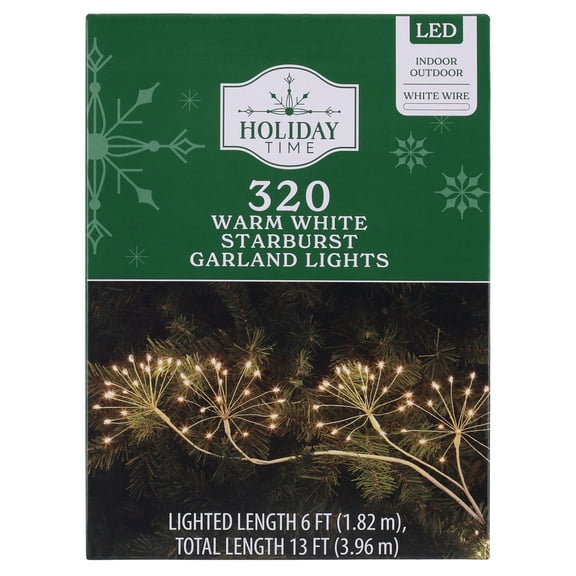 Indoor/Outdoor 320-Count LED Starburst Christmas Garland Lights, Warm White, White Wire, 6', by Holiday Time