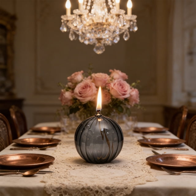 Lámpara de aceite de cristal con soporte de hierro, vela moderna de mesa redonda a rayas para decoración del hogar, centro de mesa sin humo para la mesa de comedor, salón o regalo
