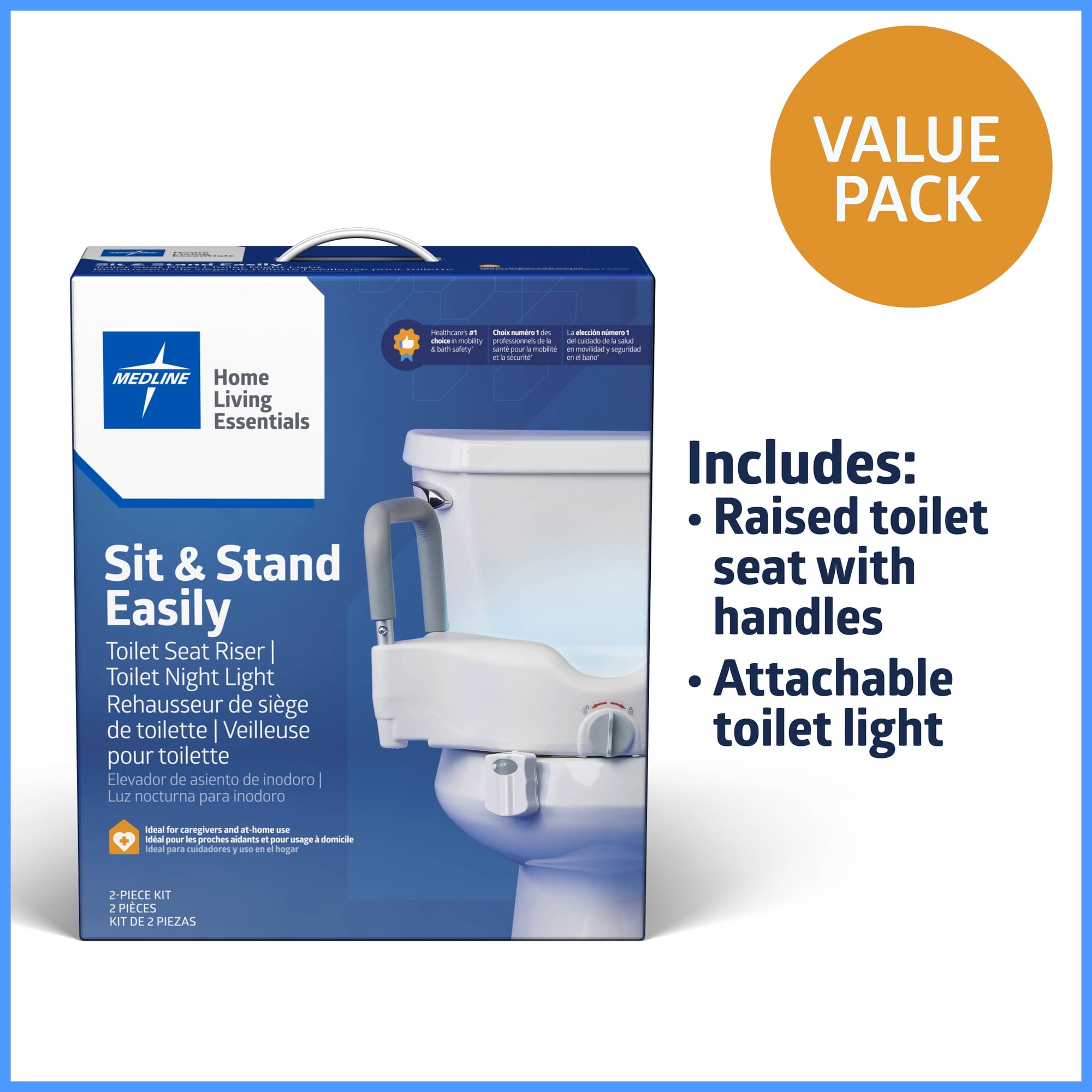 Medline Bathroom Kit, Includes Toilet Seat Riser and Attachable Toilet Light for Adults and Seniors