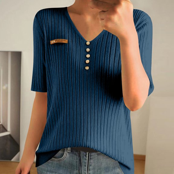 ALLLIST Tops for Women Henley Ribbed Elbow-Length T-Shirts Plain Blue Casual Shirts Womens Clothing