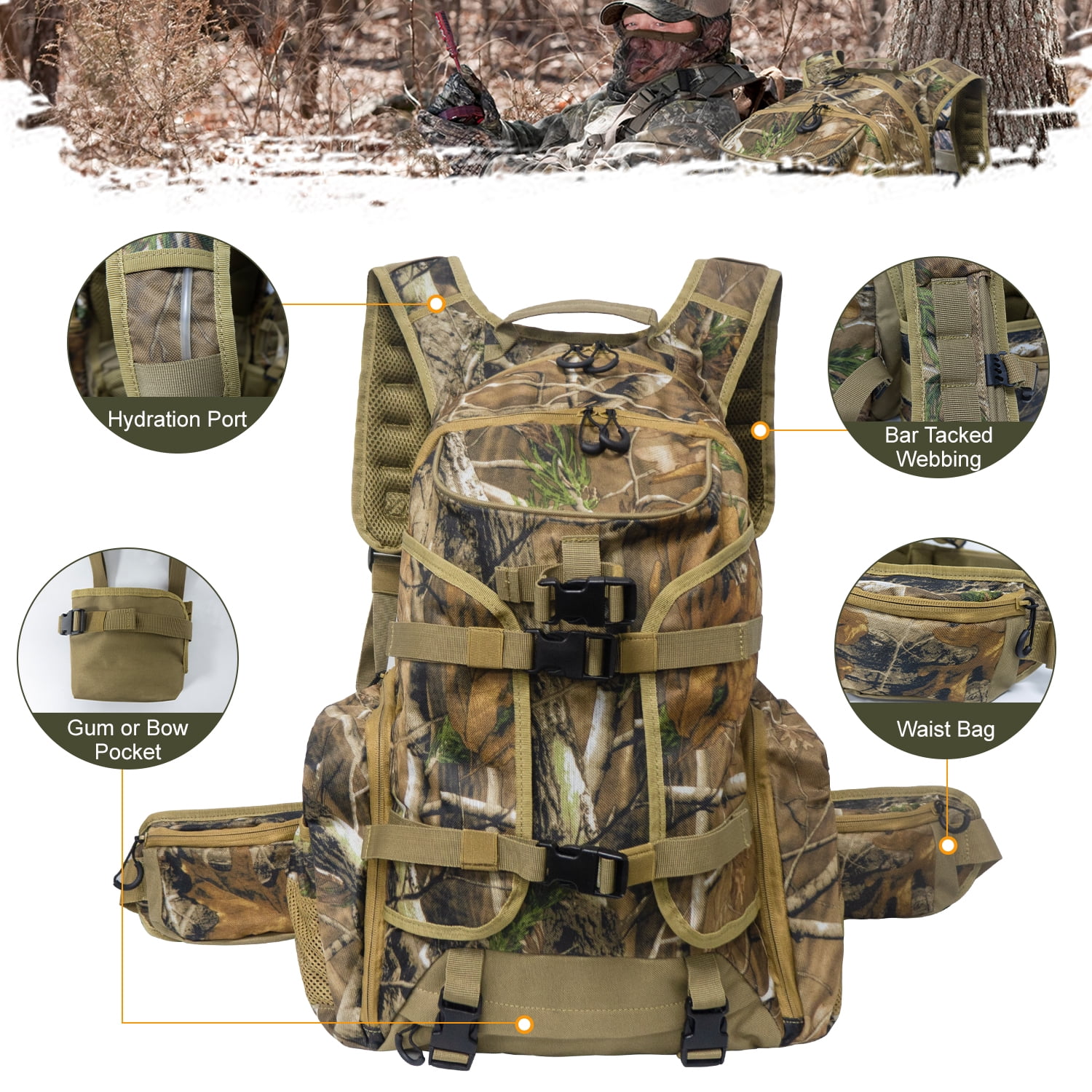 WTVIDAS Hunting Backpack, Waterproof Camo Hunting Pack for Men, Long-Lasting Large Capacity Hunting Day Pack, Hunting Gear, Deer Hunting Accessories