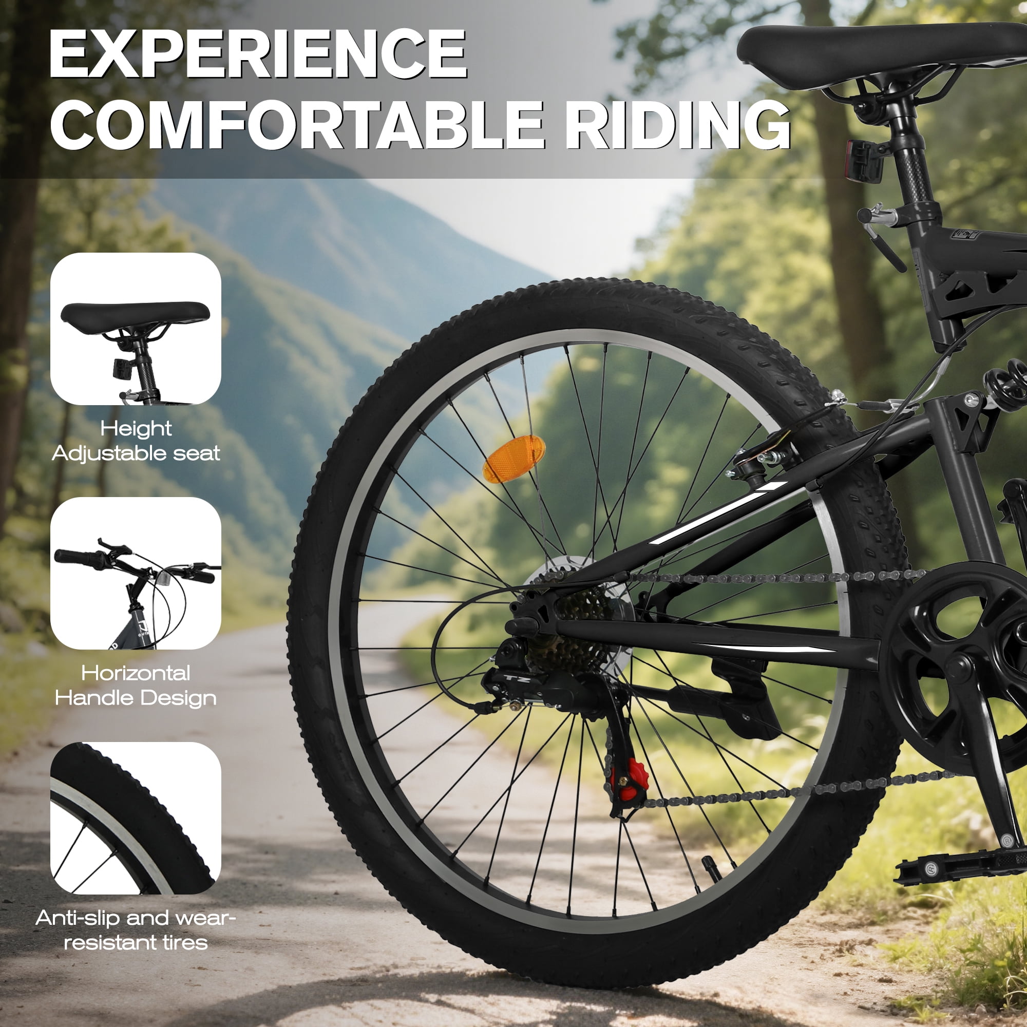 Marknig 26 inch Mountain Bike, 7 Speed Adult Bicycle with High-Carbon Steel Frame, Dual Disc & V-Brakes, Adjustable Seat for Men and Women,MTB with Shock Absorption System, Black