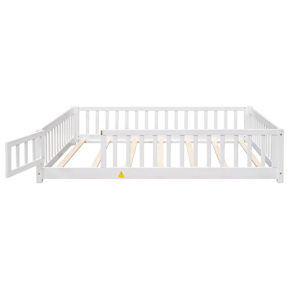Full Size Floor Bed for Kids, Wooden Full Bed Frame with Fence Guardrails & Support Slats & Revolving Door Design, Montessori Style, Full Playhouse Bed with for Toddler, Boys ,Girls, White