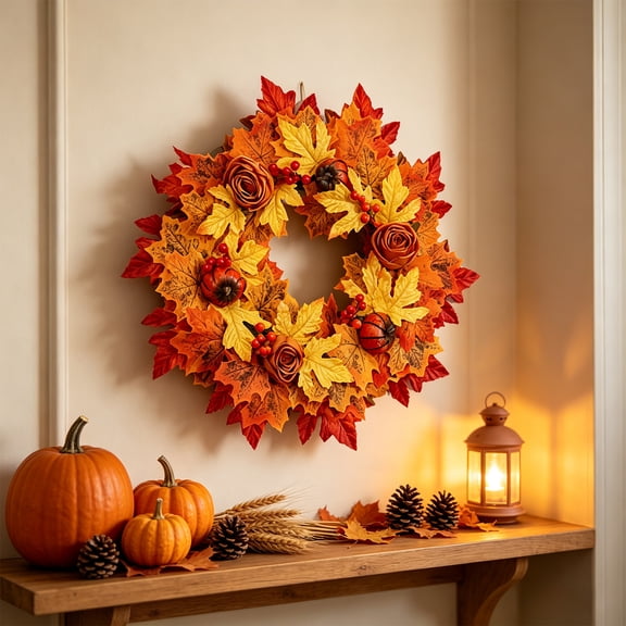 ZENVIVE Harvest Fall Wreath for Front Door, 21.2" Maple Leaf Sunflower Wreath, Fall Thanksgiving Halloween Decorations for Porch Wall, Home Outdoor Holiday Decor