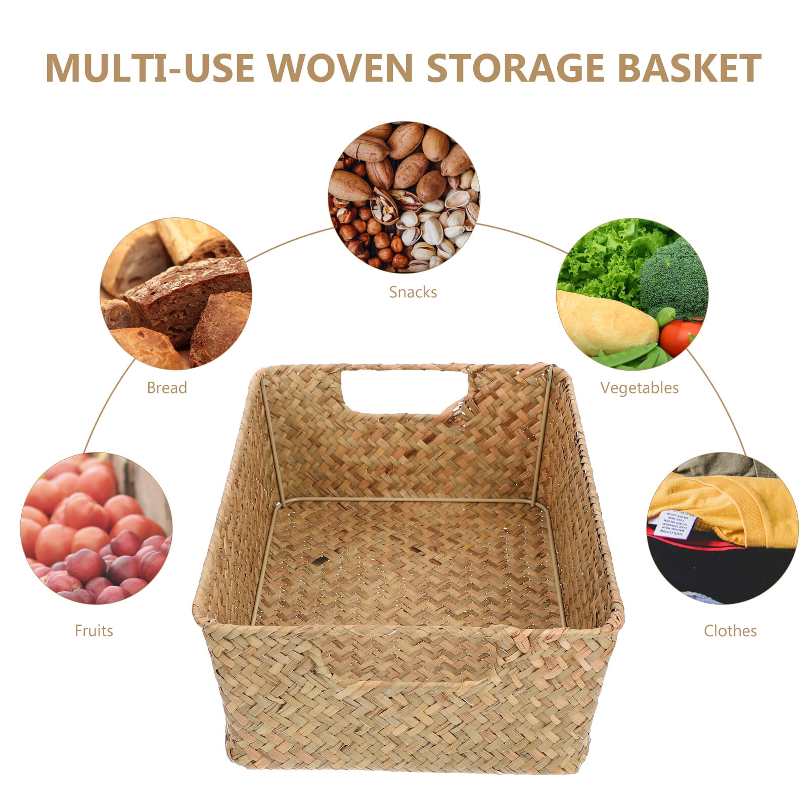 Wicker Storage Basket Hand Woven Seagrass Baskets with Handles Rectangle Natural Bread Basket for Bathroom Pantry Kitchen Closet Shelf Organizing