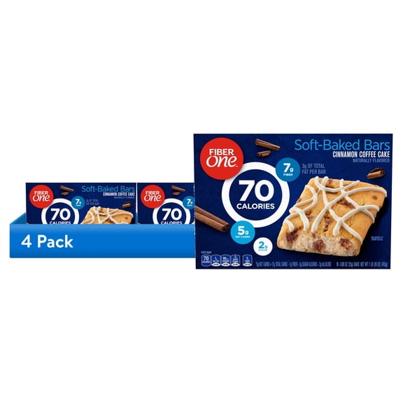 (4 pack) Fiber One 70 Calorie Soft Baked Bars, Cinnamon Coffee Cake, Mega Pack, 18 Count, 16 oz