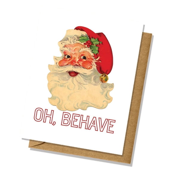 Vintage Santa Claus Holiday Card - "Oh, Behave!" Festive Design - Blank Inside with Envelope Included - Perfect Christmas Greeting Card