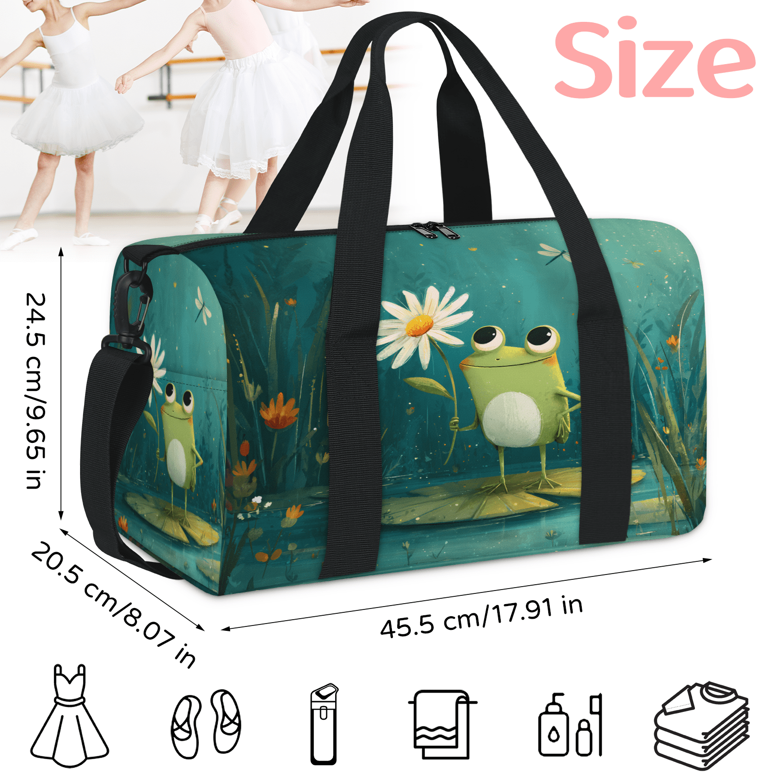 Herdesigns Funny Frog Gym Bag for Women, Duffle Bag for Travel Sport, Green Leaf Flower Lightweight Waterproof Carry on Weekender Dance Yoga Workout Bags