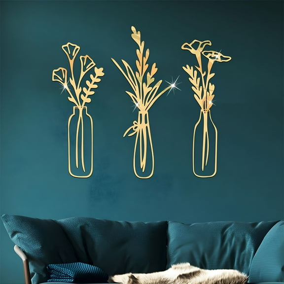 LAMIRO Vase Mirror Stickers Interior Decoration Three-Dimensional Wall Stickers For Living Room Kitchen Self-Stickers (Gold,Acrylic)