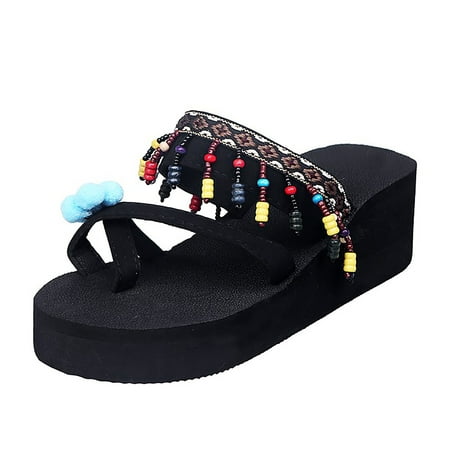 

Flip Flops for Women Women S High Heeled Bohemian Clip Foot Flip Flop Thick Bottom Beach Fringed Sandals Beach Shoes Flip Flops Eva Blue 37
