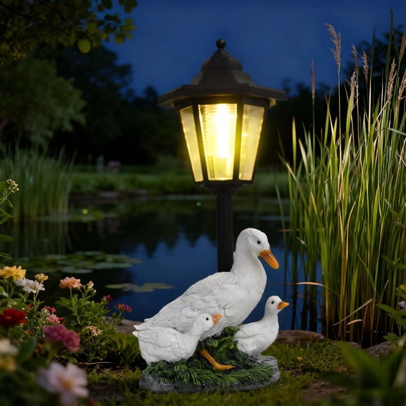 Porch Goose Statue with Solar Light Lantern - Weatherproof Resin Duck Decor Outdoor Figurine for Front Porch Garden Yard Patio Desktop Decor