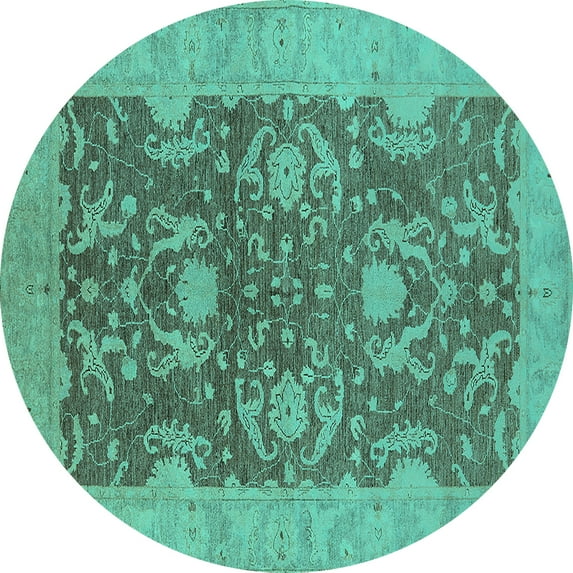 Ahgly Company Machine Washable Indoor Round Oriental Turquoise Blue Industrial Area Rugs, 8' Round