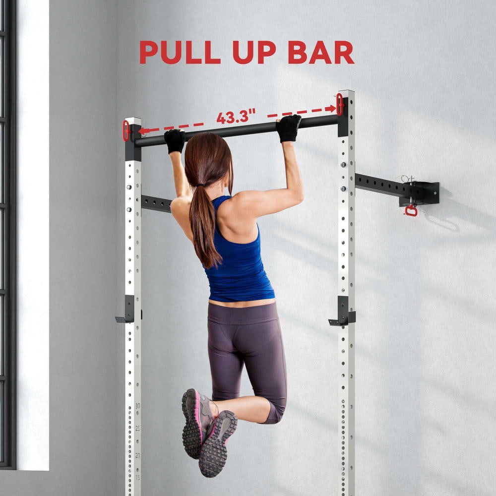 Resenkos Wall-Mounted Folding Squat Rack with Pull-Up Bar, 1000lb Capacity - White