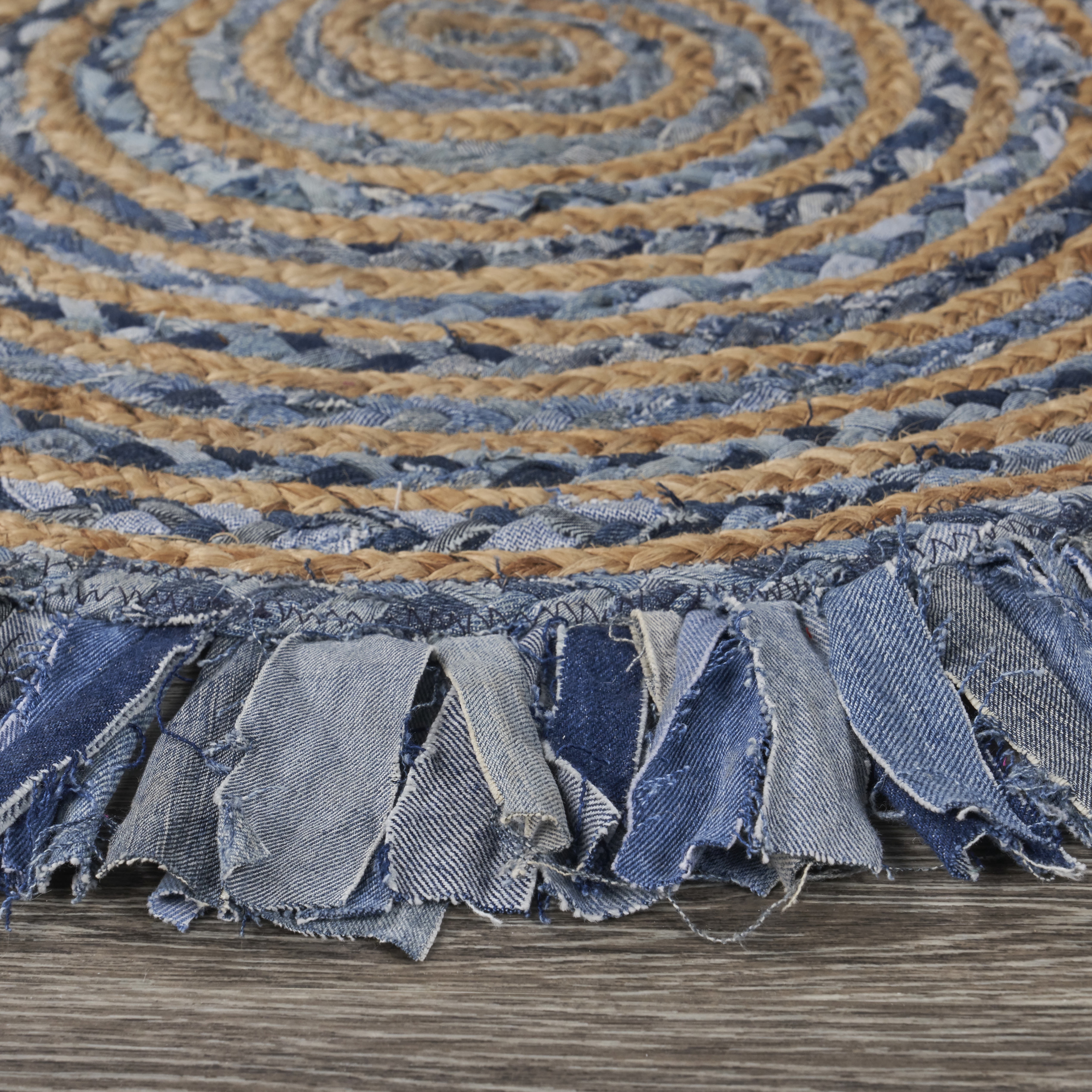 Harlow Hill Cora 3'6" Round Denim Blue Striped Hand Braided Reversible Jute Indoor Area Rug