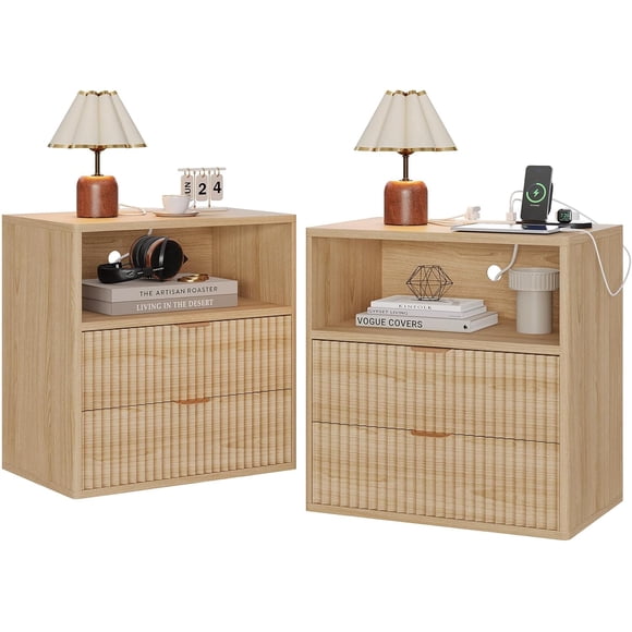 Fluted Farmhouse Night Stand Set of 2 with Charging Station, 23" Mid-Century Modern Nightstand, 2 Drawers End Table, Wood Side Table Set for Bedroom Sofa Home Office