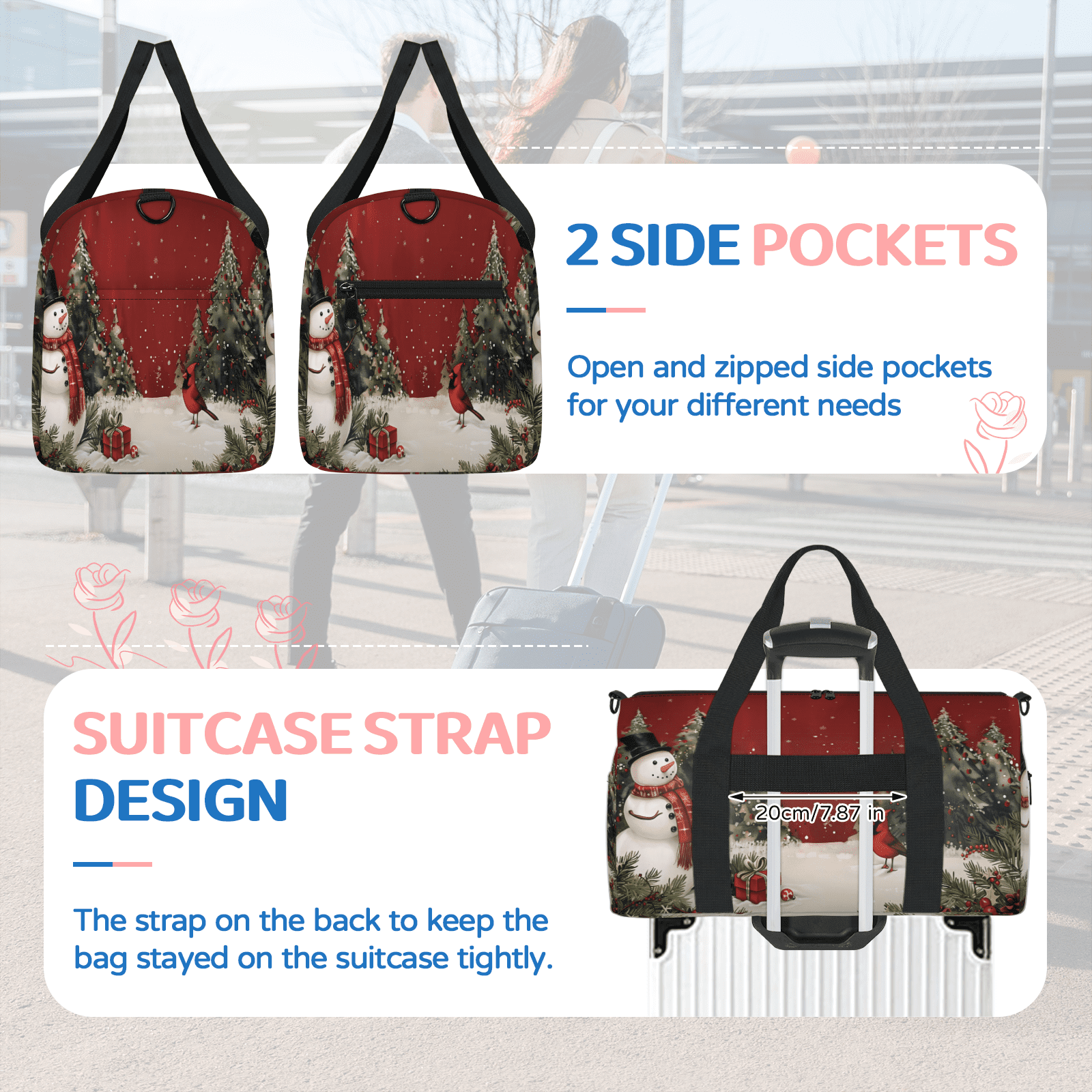 Herdesigns Christmas Travel Duffle Bag Sports Yoga Weekender Overnight Carry on Workout Bags Lightweight Waterproof Gym Tote Bag for Women