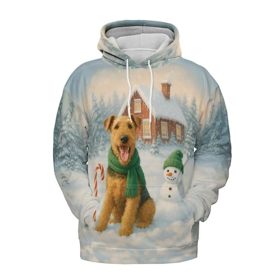 Hello Winter Vintage Airedale Terrier Enjoys Snowy Day with Snowman All Over Print 3D Hoodie Unisex Merch Hoodies Dale Waterside Dog Lover - 12019