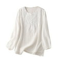 thumbnail image 3 of Dazajoo Women's Vintage Embroidered Cotton Linen Shirt Crew Neck Long Sleeve Blouse 2025 Summer Solid Casual Tunic Tops,White,XXL, 3 of 6